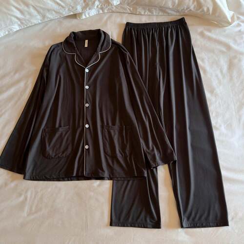 长袖睡衣女秋男士春翻领家居服套装高级感简约棕色休闲可外0917e