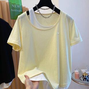 浅黄色假两件短袖T恤2026新款初夏穿搭大尺码女装胖mm显瘦漂0226r