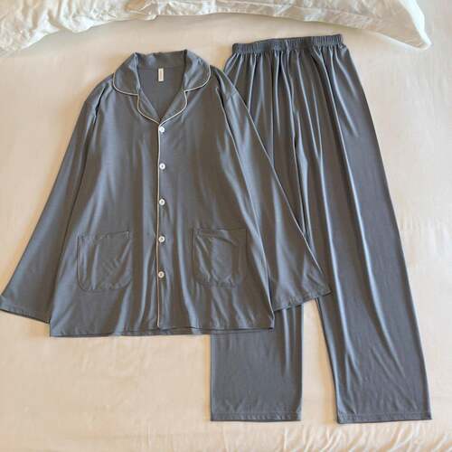 长袖睡衣女秋男士春翻领家居服套装高级感简约蓝休闲可外穿0917e
