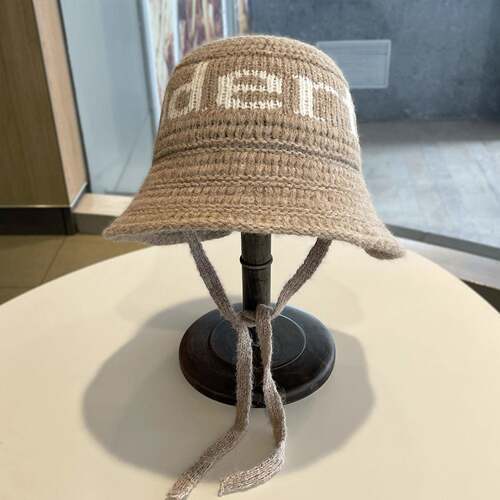 保暖帽子针织字母渔夫帽女秋冬护耳毛线后开叉显脸小宽檐绑1008e