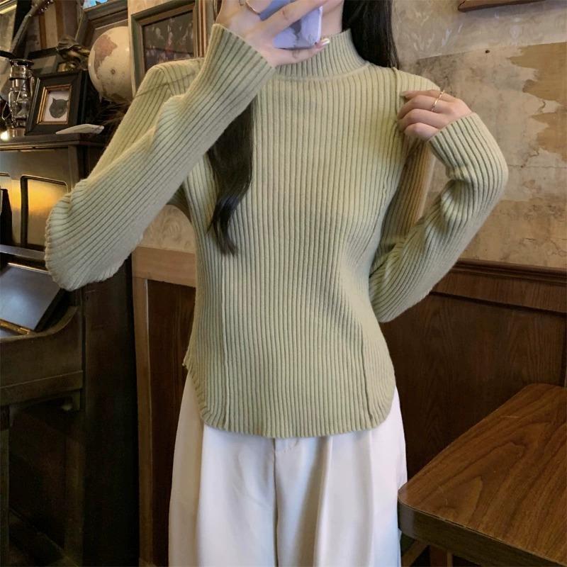 秋冬高领不规则鱼骨针织打底衫坑条内搭上衣女2025季新款绿1210u