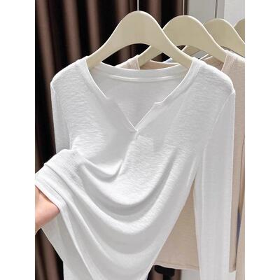 白色内搭小v领打底罩衫女春夏修身显瘦针织衫薄款简约长袖T0307r