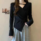 打底衫 大码 0201e 胖修身 显瘦短款 纯欲风交叉V领长袖 T恤女春秋新款