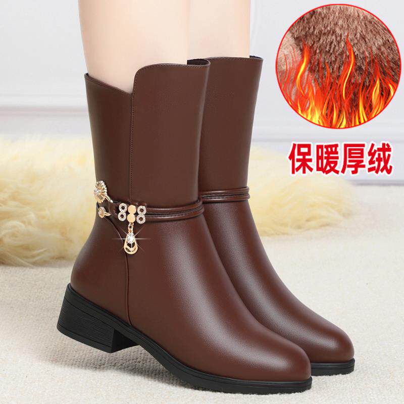 妈妈鞋加绒中老年皮鞋中筒靴中年短靴鞋女鞋中跟秋冬季靴1029h