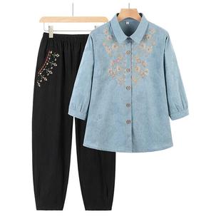 母亲节夏季 中老年妈妈套装 夏装 款 衬衣两件套女0722d 奶奶七分袖