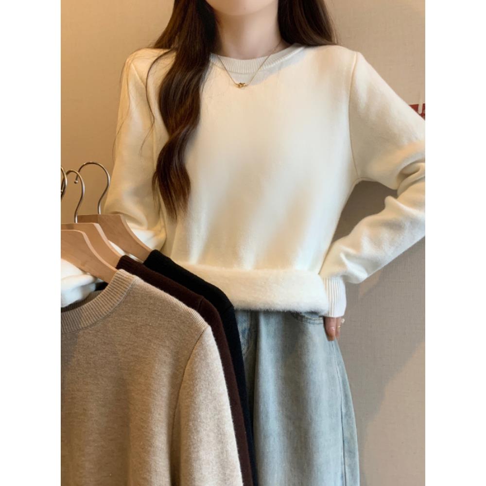 秋冬季圆领一体绒针织衫女新款显瘦毛衣加绒加厚内搭打底衫1117n