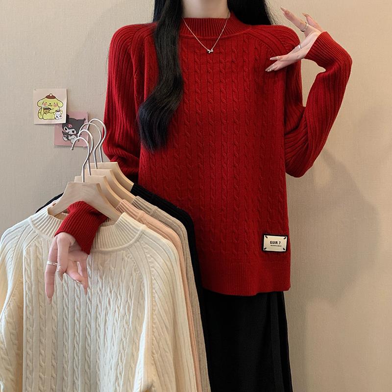 大码女装时尚红色半高领毛衣针织衫女秋胖mm宽松遮肉洋气打0928e