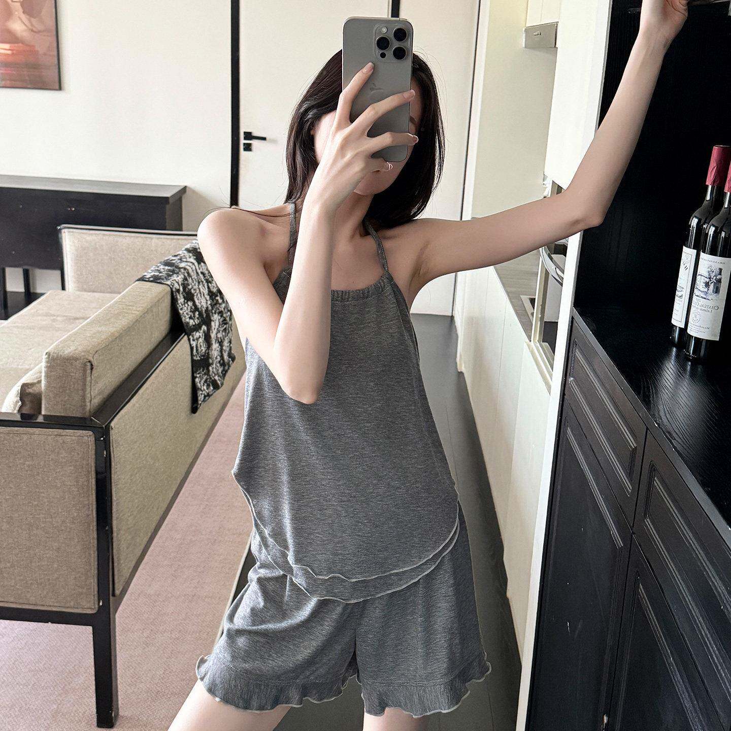 绑带吊带睡衣女款夏季露背莫代尔肚兜小纯色简约两件套家居0420r