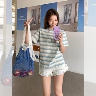 宽松遮肉显瘦休闲上衣0730d 时尚 撞色条纹圆领短袖 T恤女夏季 新款