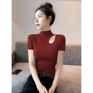 2026光和成熟0322d 半高领剪裁上衣时尚 春夏新绿色短袖 女士修身