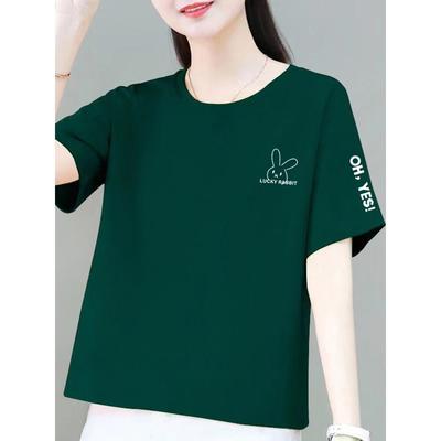 短袖t恤女夏简约子印花宽松显瘦上衣墨绿色洋气小个子体恤0720d