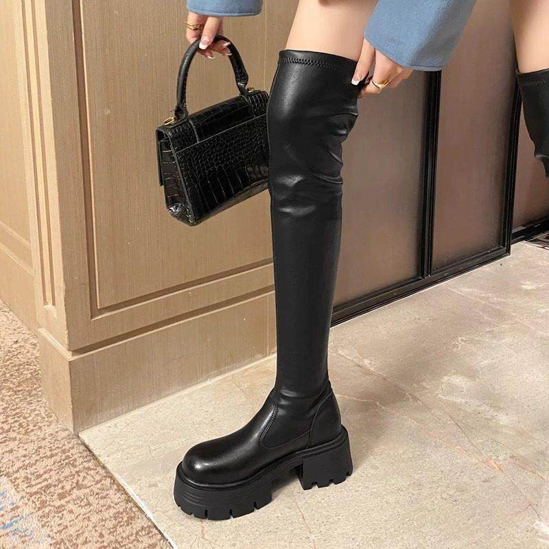 春秋过膝长筒靴女2026年新款加绒粗跟厚底增高黑色弹力长靴0121ud,女鞋,时装靴,淘宝优惠券,粉丝福利购,淘宝优惠卷