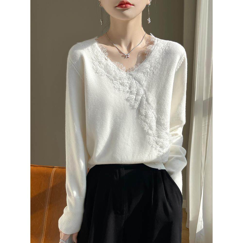 仙女精灵~柔软糯白色针织女式V领宽松底衬衫蕾丝设计西式小1213e