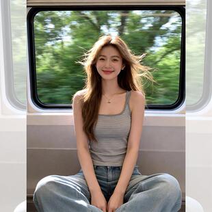 巨好看内搭背心上0320r 绝美修身 感条纹方领抹胸无袖 小吊带女夏季