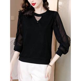 秋冬女打底衫 网纱早百搭显瘦高端洋气上衣内搭1221k1 黑色长袖