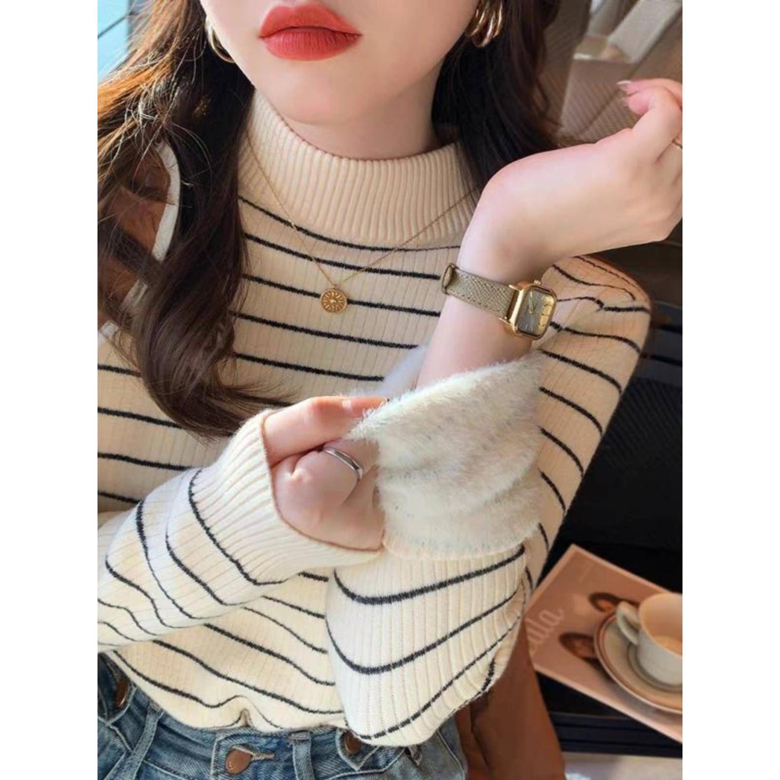 秋冬撞色条纹毛衣女2025新款加厚加绒内搭打底衫高领一体绒1126u