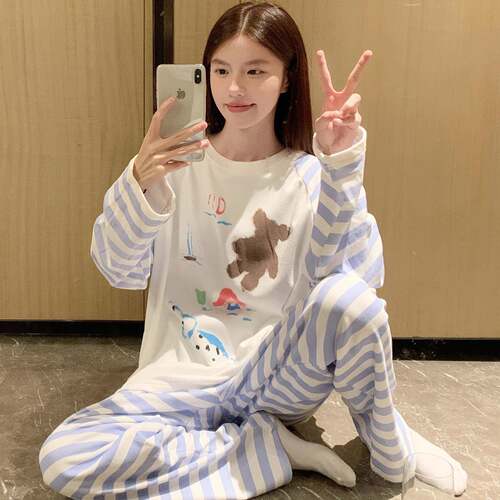 长袖睡衣女秋款冬可爱条纹家居服套装加厚保暖休闲慵懒风0917e