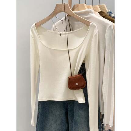 春秋方领纯色风格拉丝内t恤女春天柔软和蜡修身适合锁骨0115ud