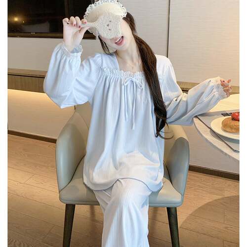长袖睡衣女秋法式田园宫风款春花边方领质休闲蓝色家居服套0917e