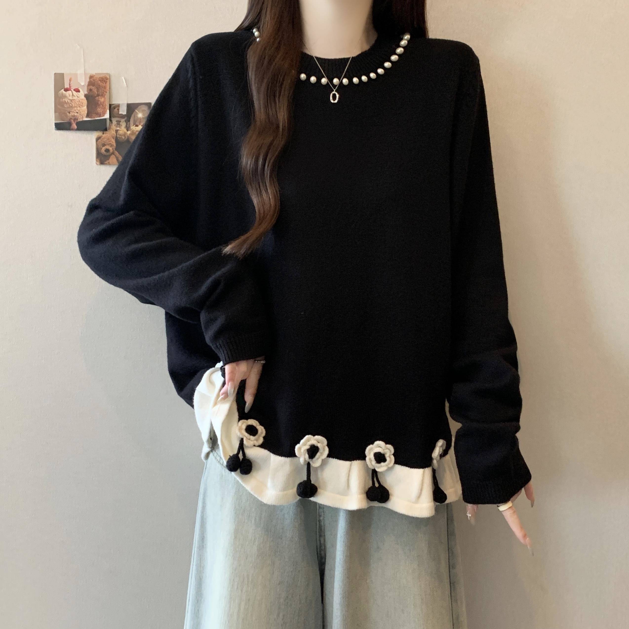 秋冬大码女装荷叶边立体花朵针织衫胖妹妹宽松显瘦圆领打底1210u