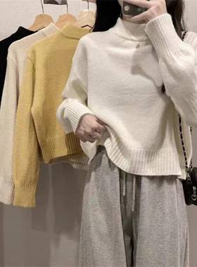 洋气杏黄色高领短针织女式加厚高底上衣中领针织衫1222u