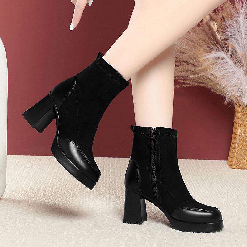 粗跟短靴绒面弹力靴高跟鞋女靴子瘦瘦靴加绒马丁靴工作鞋皮1029h