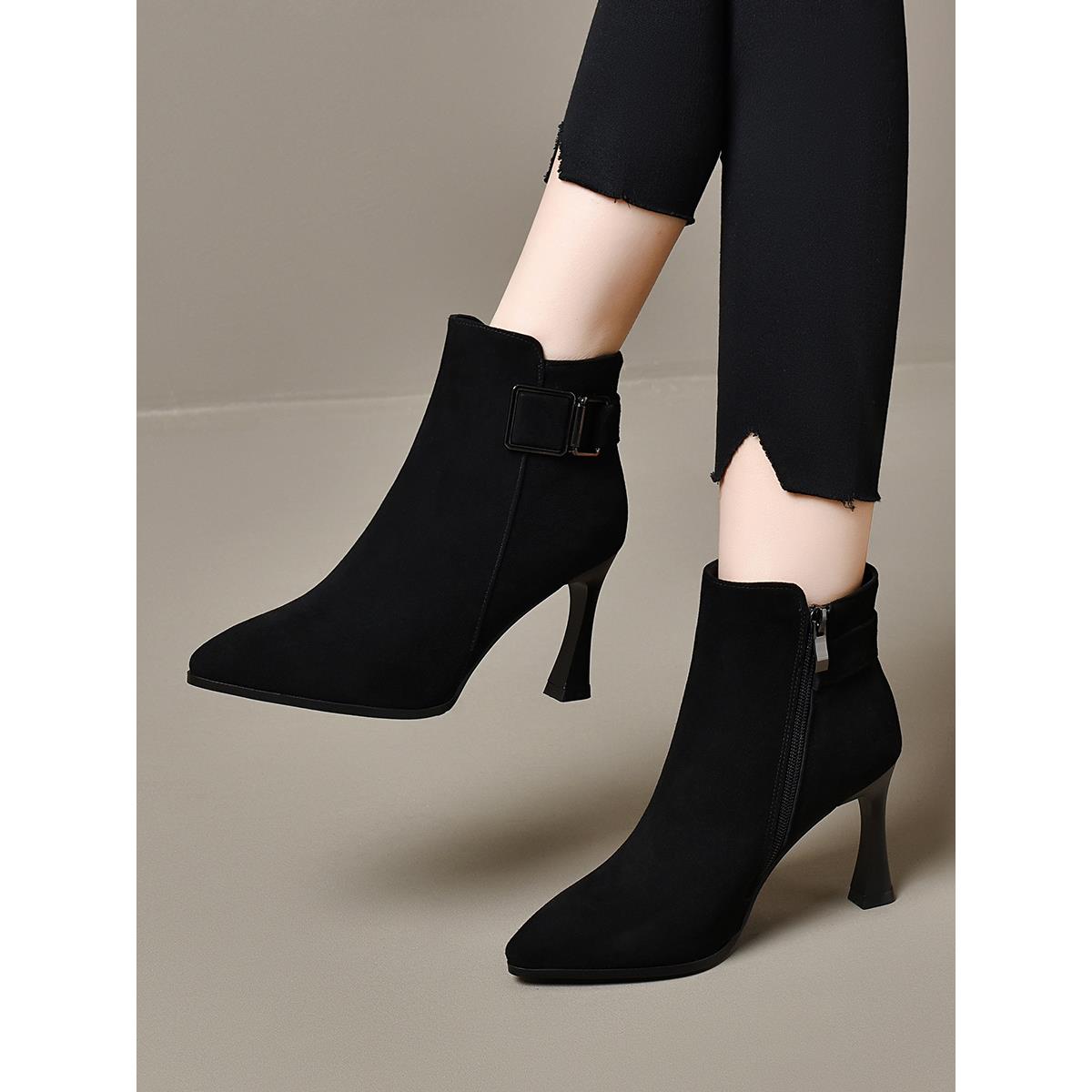 秋冬季2025新款磨砂皮高跟短靴女细跟加绒女鞋绒面皮鞋细跟1113n