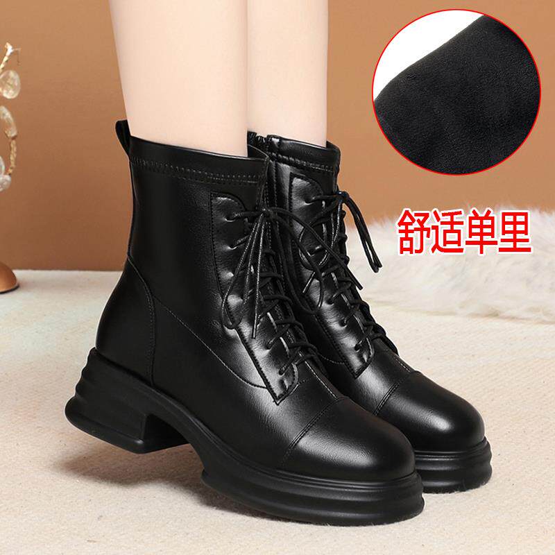 厚跟厚底衬里系带靴工作鞋黑色皮鞋短靴女式绒鞋秋冬1029h