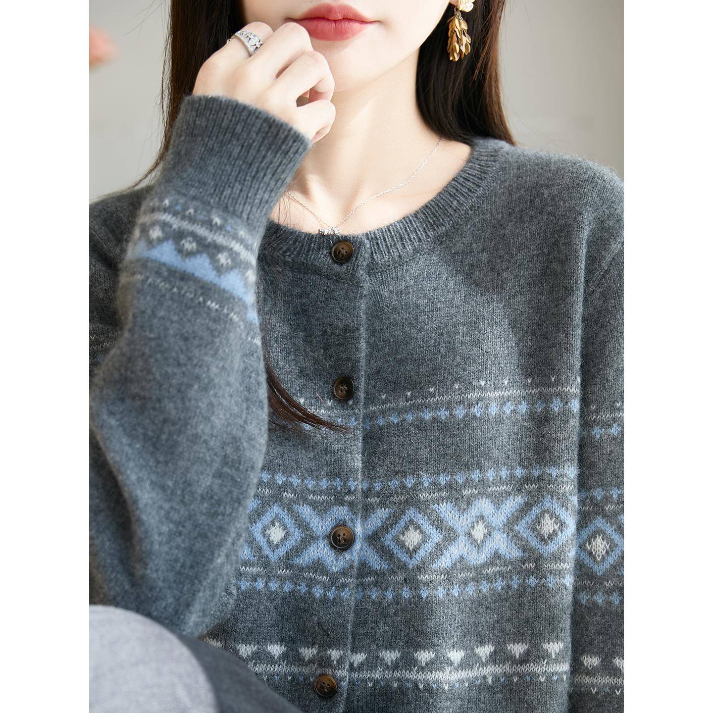 韩系菱形提花针织开衫新款小个子圆领宽松休闲毛衣外1213k