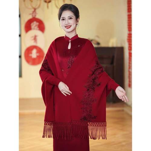秋冬妈妈婚宴配旗袍礼服专用披肩喜婆婆红色洋气外搭显气质0916z