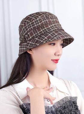式春秋渔夫帽时尚格子面盆帽中老年购物配套露脸春女士帽子0123k