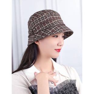 式春秋渔夫帽时尚格子面盆帽中老年购物配套露脸春女士帽子0123k