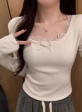 时髦甜美和辛辣蕾丝长袖t恤女式秋秋天拉绒内分层衬衫修身短0821r