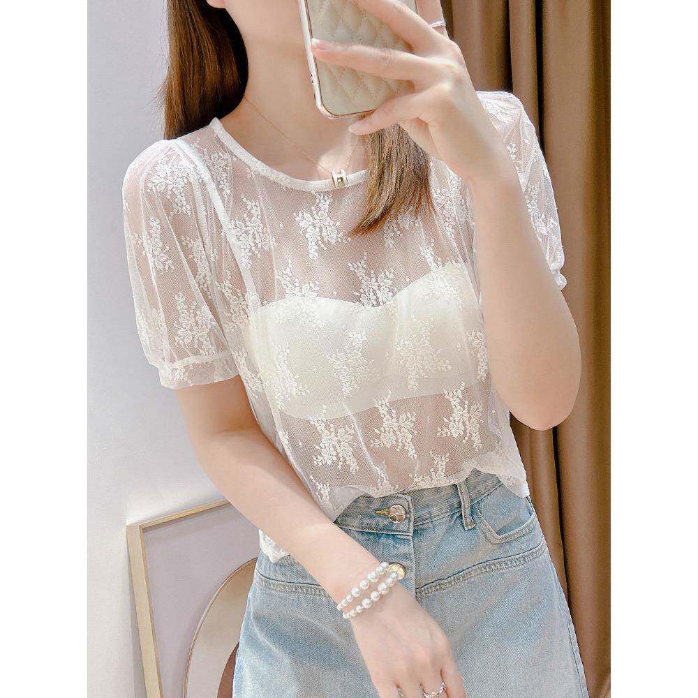 白色网纱打底衫女夏季新款吊带裙内搭t恤短袖女防晒罩衫蕾丝0302r