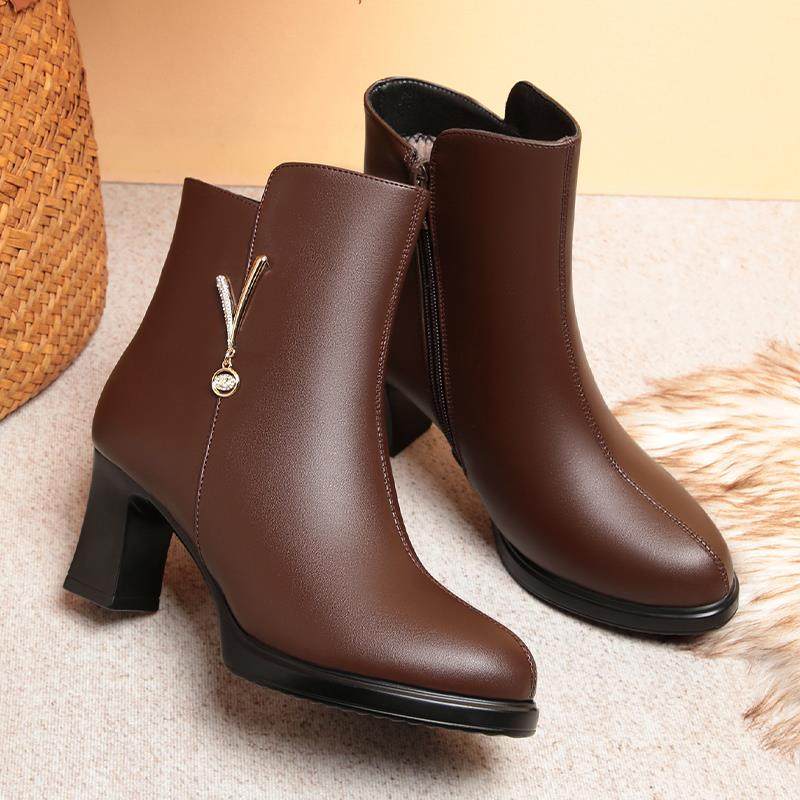 高跟短靴女配裙子秋冬季新款中跟靴子不累脚加绒皮鞋保暖妈1029h