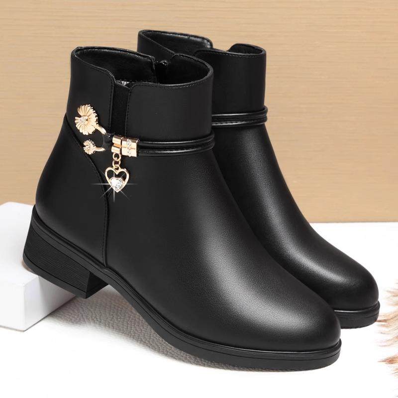 粗跟中年妈妈鞋皮鞋短靴加绒鞋中老年女鞋靴子女靴秋冬1029h