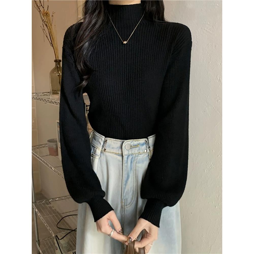 冬季高底针织毛衣2025季优雅高领黑色内层灯笼袖底上衣1213u
