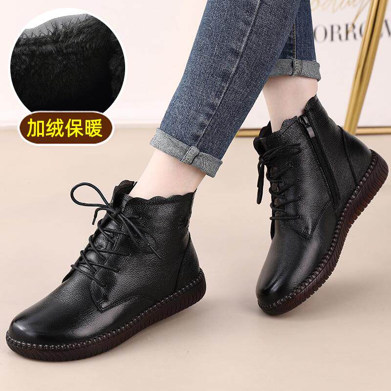 马丁靴系带妈妈鞋女冬季加绒加厚保暖短靴平底休闲老人1029h