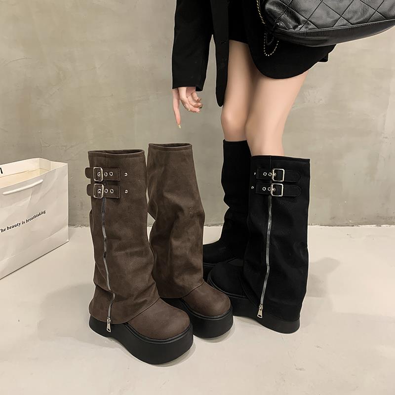秋冬季厚底增高长筒靴女2025新款大筒围长靴不过膝炸街小个1130n