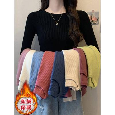 秋冬季加绒加厚黑色针织打底衫女内搭修身毛衣设计感小众紧1203n