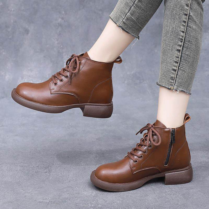 新款马丁靴女士软底防滑妈妈鞋秋冬短靴加绒中老年皮鞋1029h