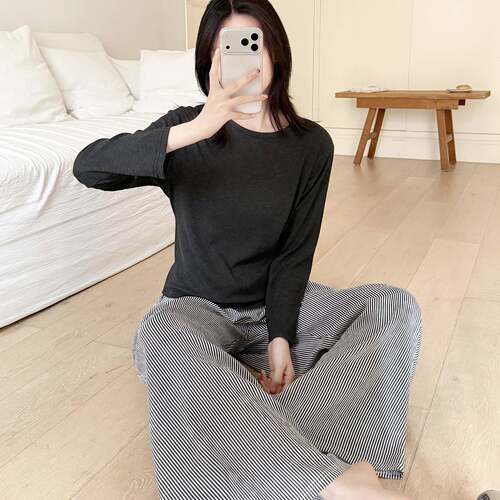 长袖睡衣女秋简约风款春圆领撞色黑色家居服套装薄款两件套0917e