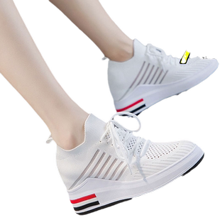 配裙子的小白鞋内增高女鞋8cm网面透气一脚蹬休闲鞋坡跟秋天单鞋