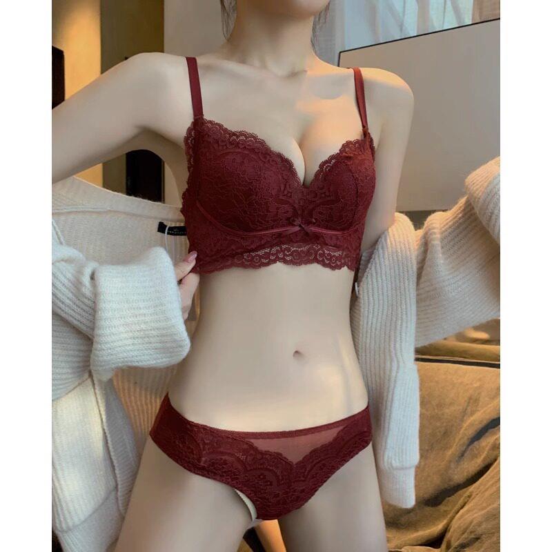 小胸聚拢酒红色内衣女薄款性感蕾丝无钢圈调整型文胸罩套装0629r