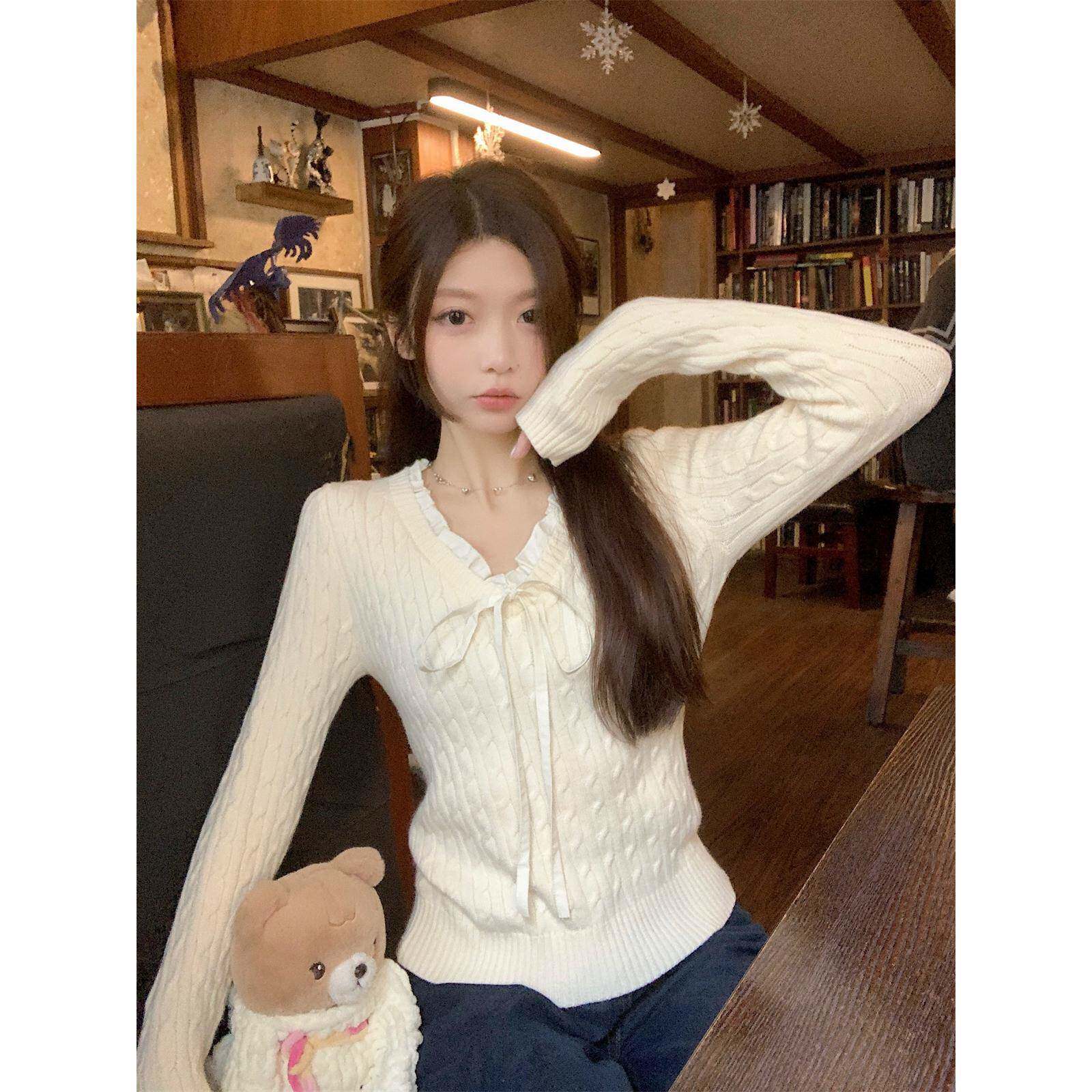 轻熟小众巨好看的早秋系带针织打底衫女内搭毛衣韩系漂亮小1018e