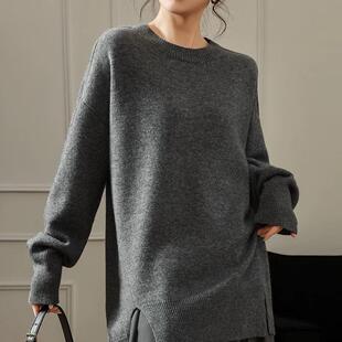 秋季深灰宽松大码套头针织衫毛衣女冬中长款侧开叉慵懒显瘦0913e