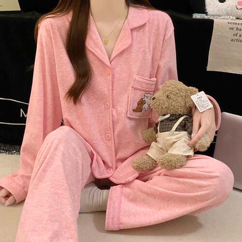 长袖睡衣女秋可爱休闲风刺绣小狗款春冬翻领粉色仿家居服套0917e