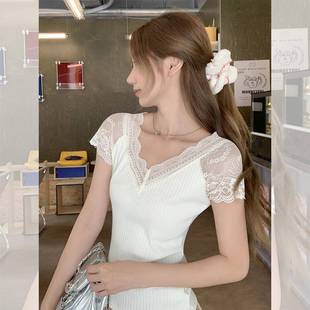 上衣0731d 辣妹v领蕾丝拼接短袖 t恤女2025年夏季 新款 轻熟不撞款