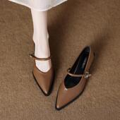 子女开春款 新款 配裙子棕色尖头法式 玛丽珍低跟鞋 温柔女鞋 单0202w