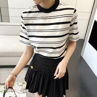 条纹T恤女黑白半高领上衣短袖覆古内搭欧货夏打底衫针织棉女0323r
